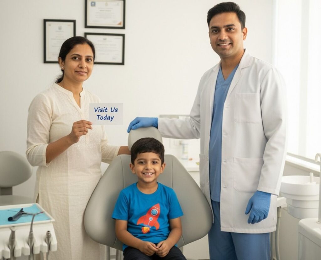 Child sitting calmly in a dental chair with a friendly pediatric dentist explaining the procedure.