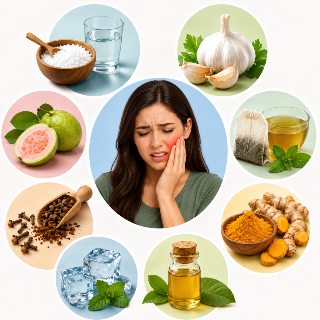 Person holding cheek due to toothache pain at home
