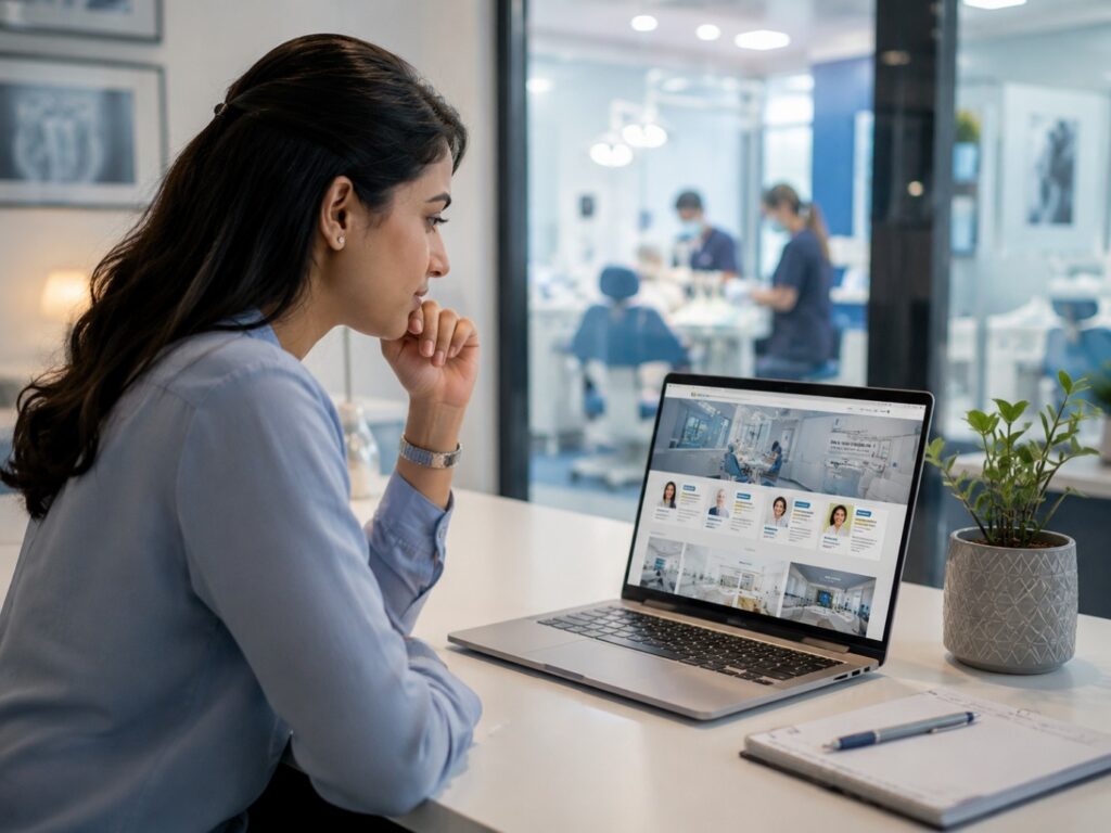 Woman researching dental clinics online and comparing dentists before choosing a trusted dental care provider.