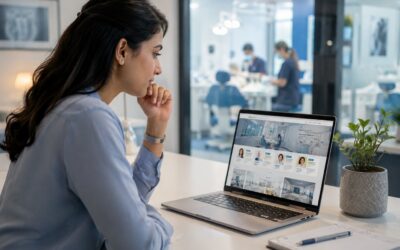 Woman researching dental clinics online and comparing dentists before choosing a trusted dental care provider.