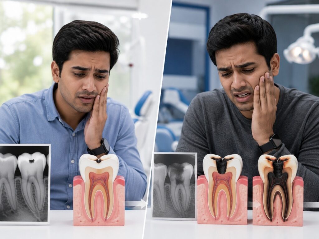 Comparison showing a patient with tooth pain and the progression of untreated tooth decay from an early cavity to severe dental damage.