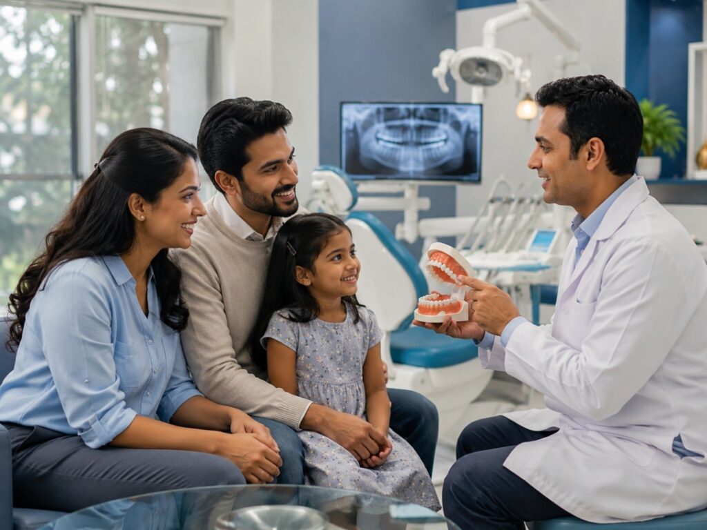 Family consulting with a dentist in a modern dental clinic while discussing oral health and preventive dental care.
