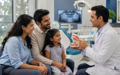 Family consulting with a dentist in a modern dental clinic while discussing oral health and preventive dental care.